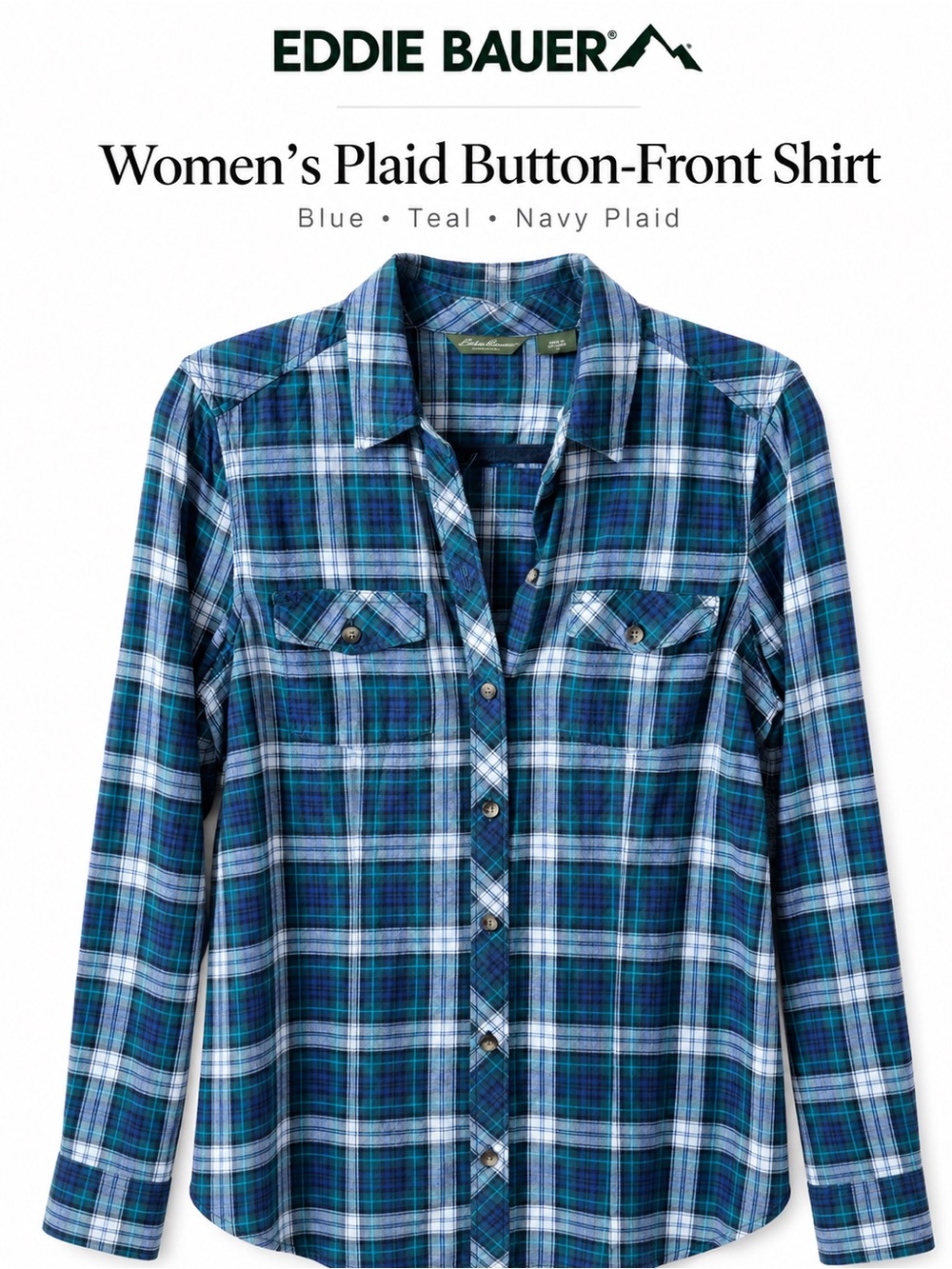 Eddie Bauer Women's Blue Teal Navy Plaid Button-Down Shirt